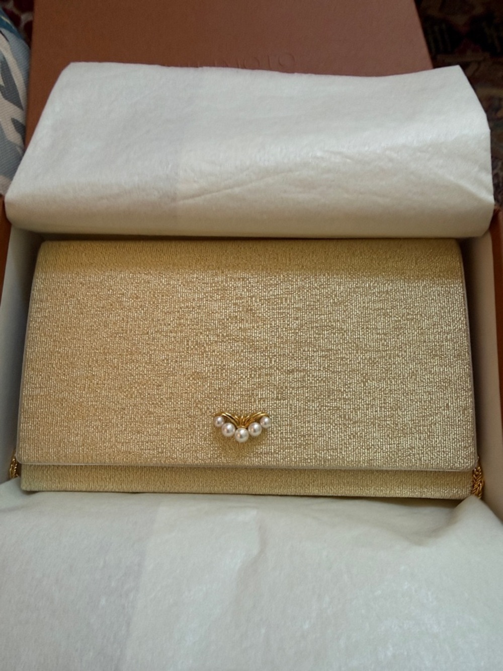 Mikimoto Clutch, Cocktail Bag, Gold Silk with Box NWOT